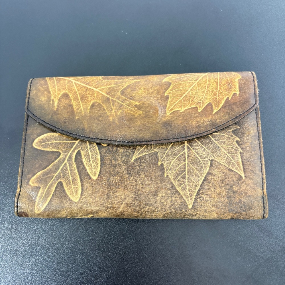 M.W. Barnes Maker Unisex Wallet OS Brown English Kipskin Leather Leaf Embossed